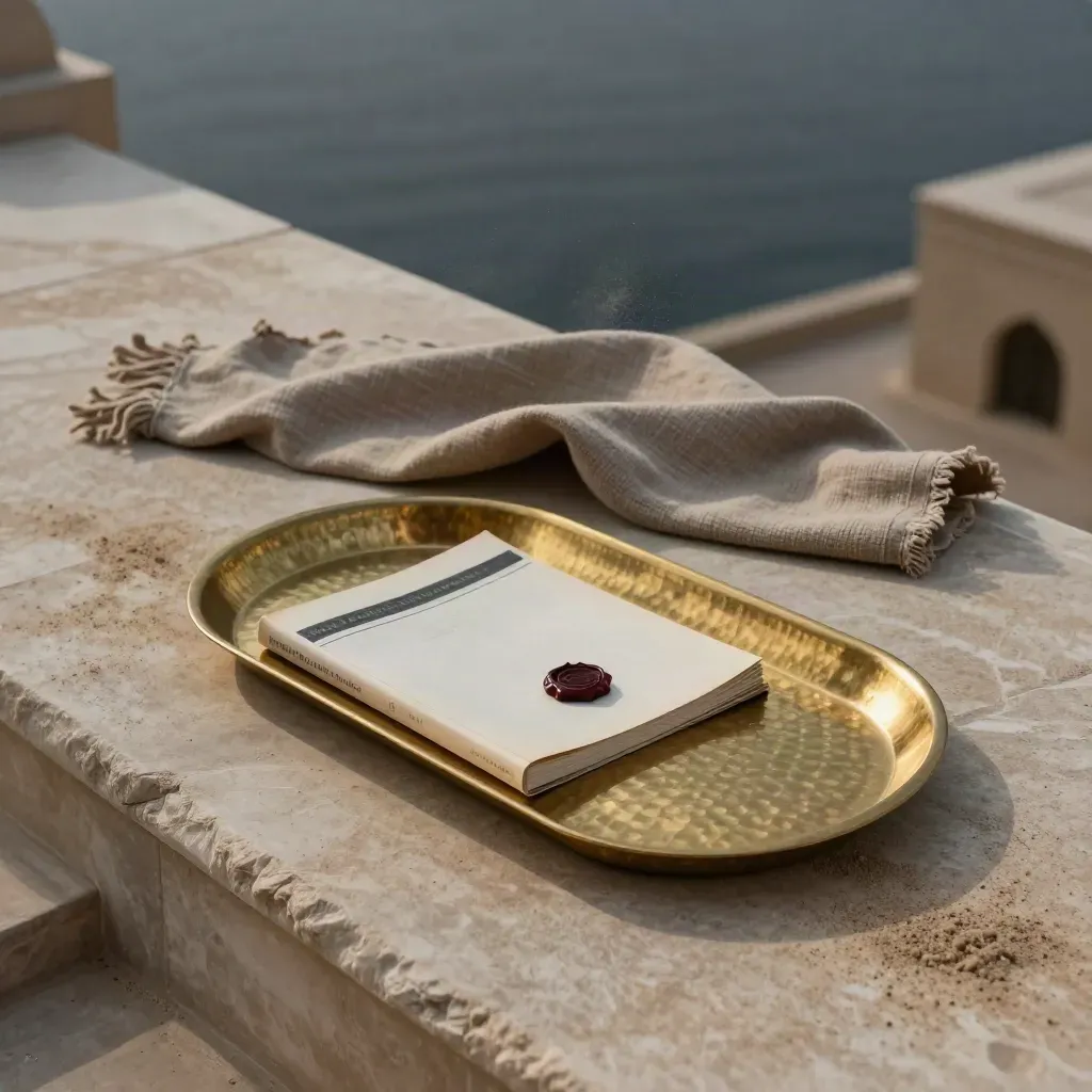 Brass tray, sealed folio and sand textile on a terrace in blue hour wind.