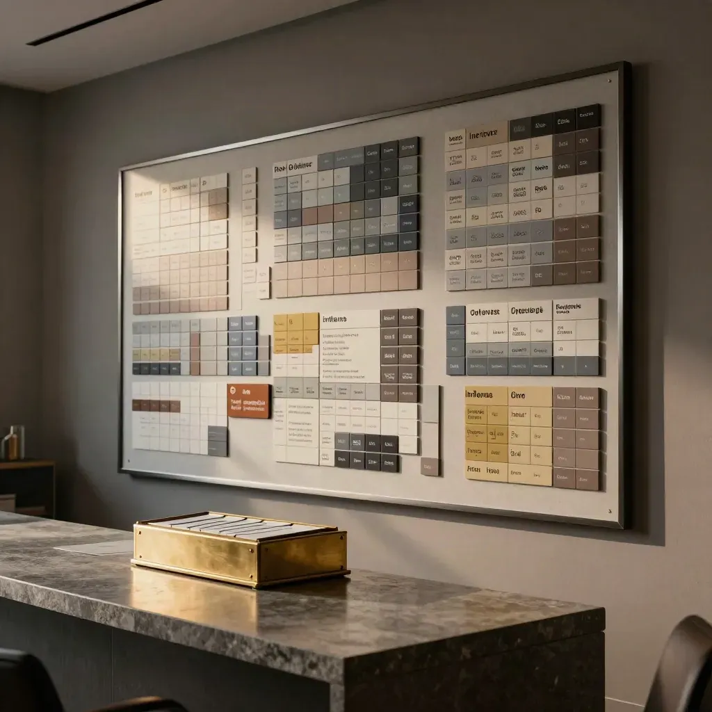 Late-night finance wall board with magnet blocks, ledger box and stone counter.
